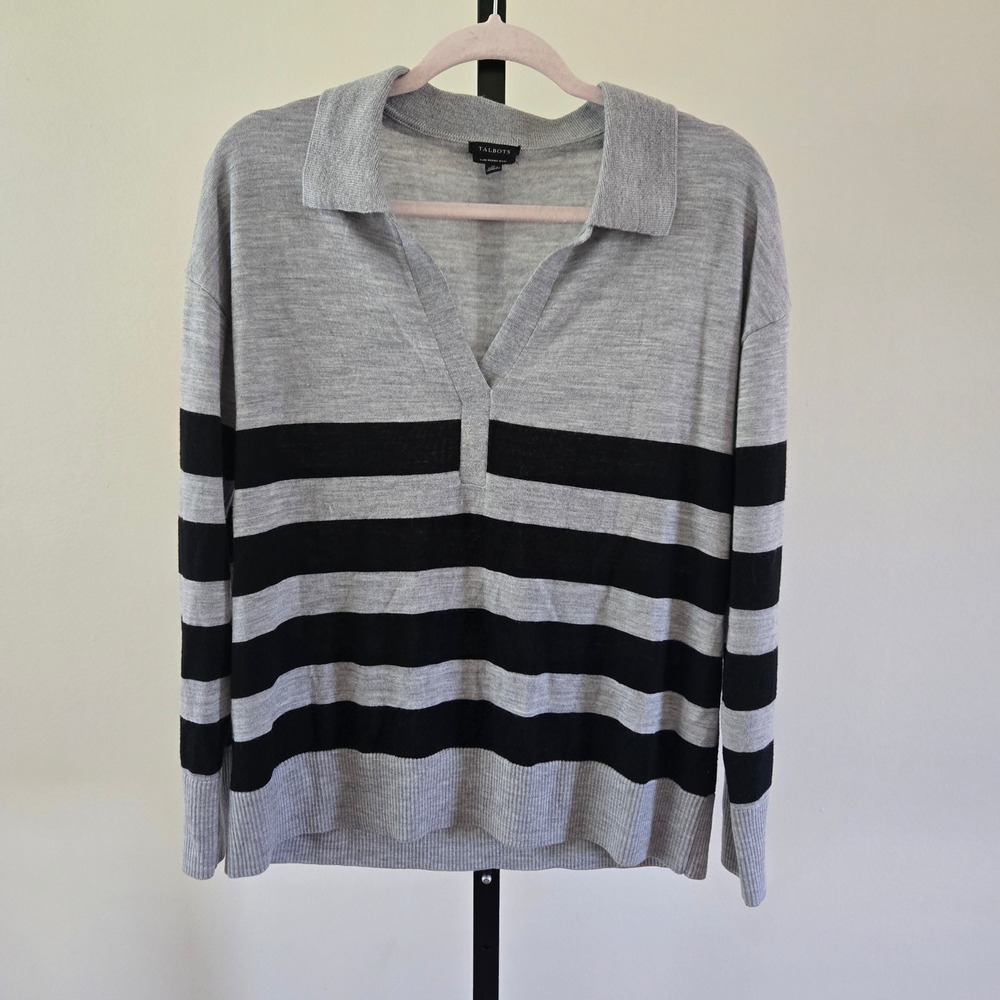 Talbots Womens Gray Black Striped 100% Merino Wool Polo V-Neck Sweater Med Rugby